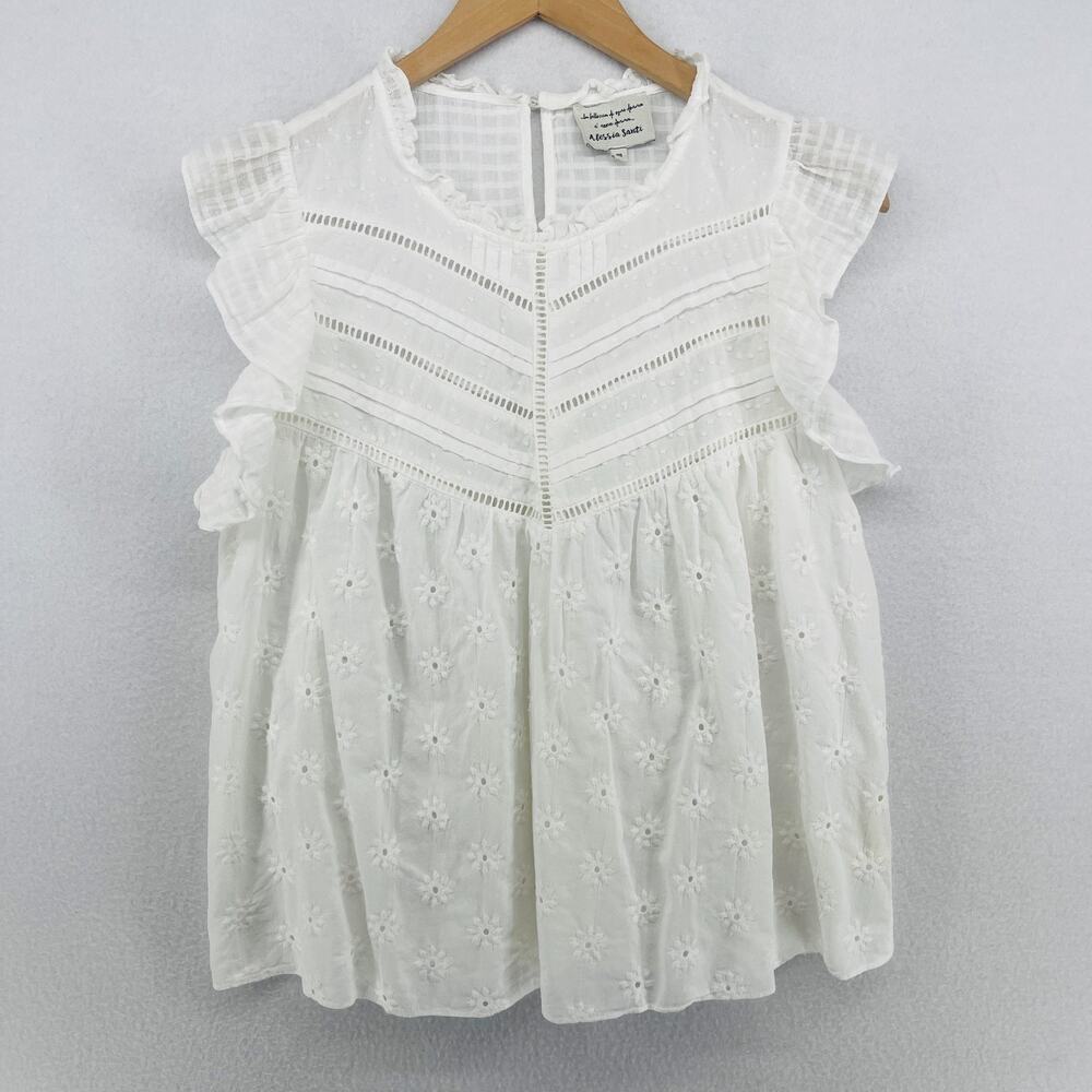 ALESSIA SANTI Top 40 Swiss Dot Broderie Anglaise Ruffle Blouse Cotton White